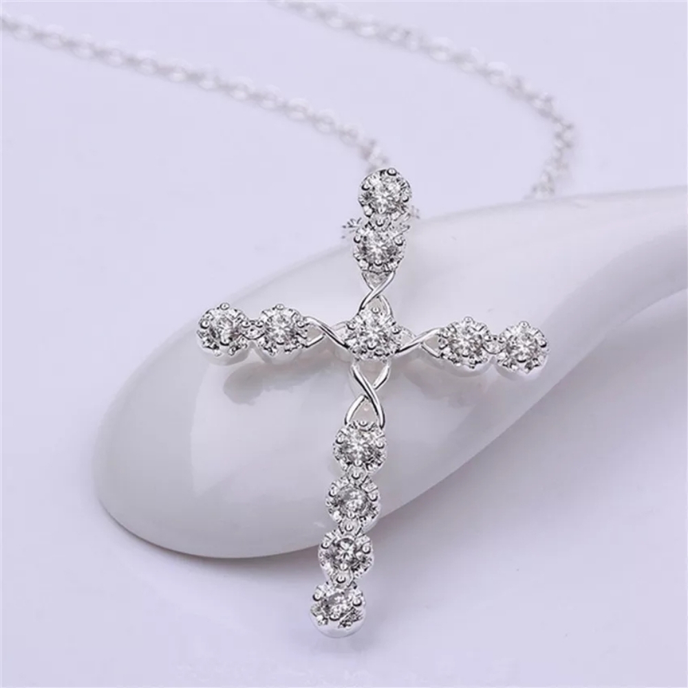 Cross 925 Silver Women White Sapphire Necklace - Picture 4 of 6